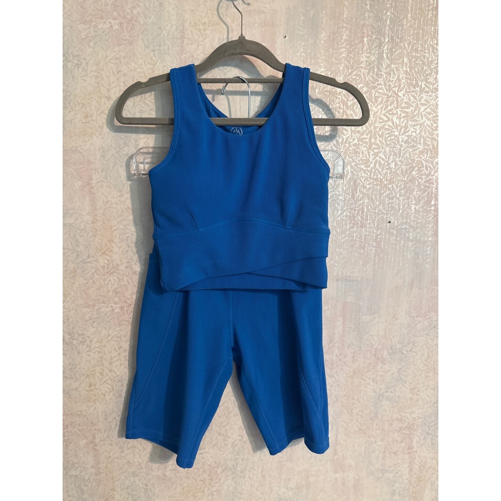 Move Theology Blue Ribbed Activewear Set Crossover Waist Biker Shorts Tank XS